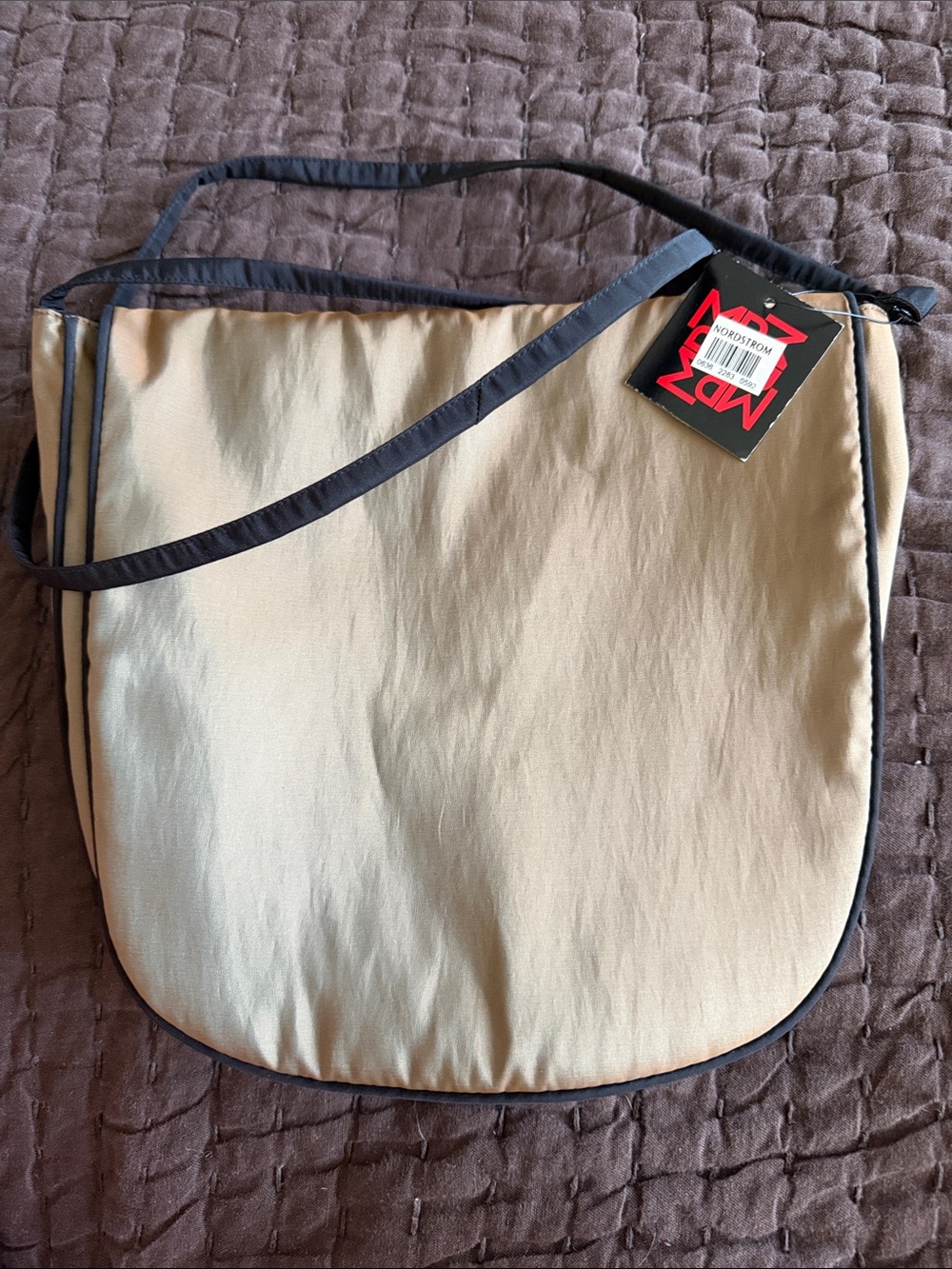 Lycra Beige Irridescent Crossbody Bag with Dark Trim